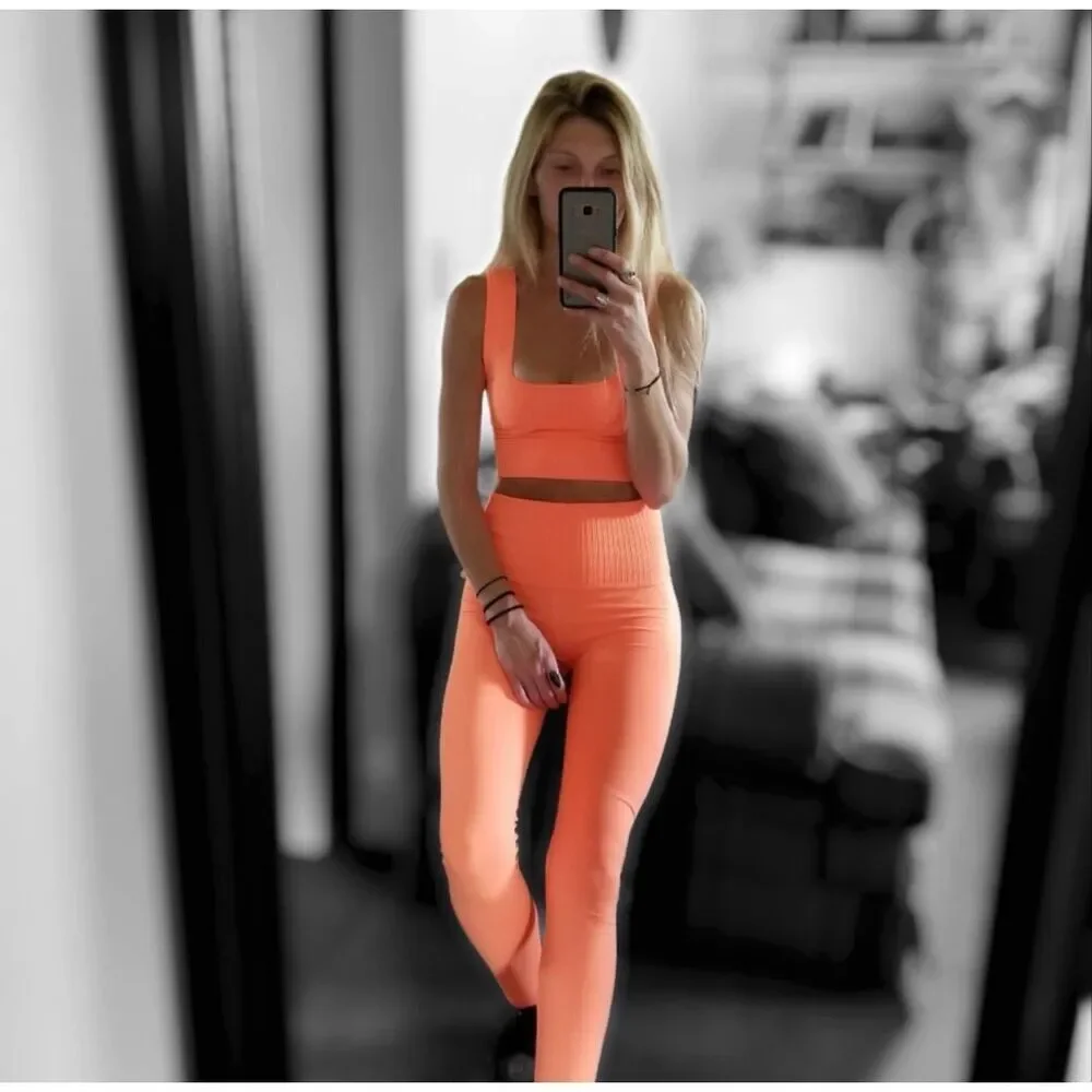 Free People Movement Good Karma Leggings & Square Neck Bra Set Neon Orange XS/S